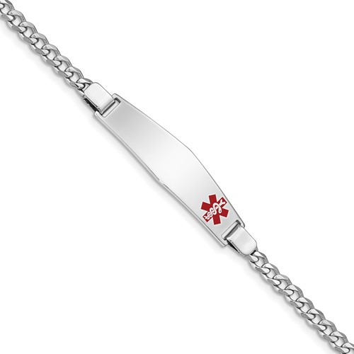 Sterling Silver Rhodium-plated Curb Link Off-Center Red Enamel 37x 9mm Plate Medical ID Bracelet, 8"