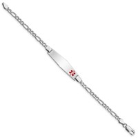 Sterling Silver Rhodium-plated Figaro Link Off-Center Red Enamel 37x 9mm Plate Medical ID Bracelet, 7" view 2
