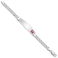Sterling Silver Rhodium-plated Curb Link Off-Center Red Enamel 50x 13mm Plate Medical ID Bracelet, 7" view 2