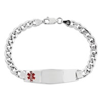 Sterling Silver Rhodium-plated Curb Link Off-Center Red Enamel 50x 13mm Plate Medical ID Bracelet, 7" view 4
