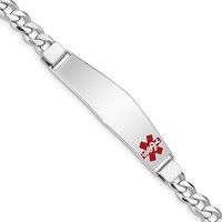Sterling Silver Rhodium-plated Curb Link Off-Center Red Enamel 50x 13mm Plate Medical ID Bracelet, 7" view 1