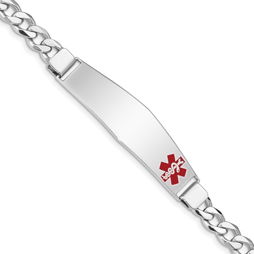 Sterling Silver Rhodium-plated Curb Link Off-Center Red Enamel 50x 13mm Plate Medical ID Bracelet, 7"
