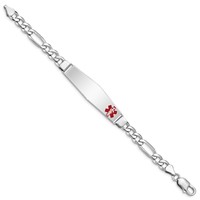 Sterling Silver Rhodium-plated Figaro Link Off-Center Red Enamel 50x 13mm Plate Medical ID Bracelet, 7" view 2