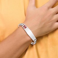 Sterling Silver Rhodium-plated Figaro Link Off-Center Red Enamel 50x 13mm Plate Medical ID Bracelet, 7" view 5