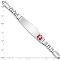 Sterling Silver Rhodium-plated Figaro Link Off-Center Red Enamel 50x 13mm Plate Medical ID Bracelet, 7" view 4