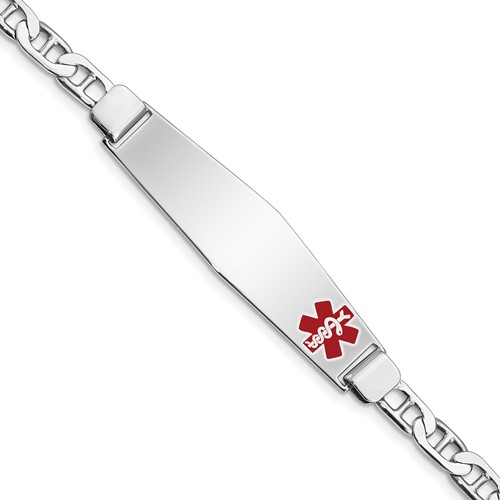 Sterling Silver Rhodium-plated Anchor Link Off-Center Red Enamel 50x 13mm Plate Medical ID Bracelet, 8"