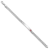 Sterling Silver Rhodium-plated Curb Link Off-Center Red Enamel 40x 7mm Plate Medical ID Bracelet, 8" view 2