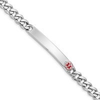 Sterling Silver Rhodium-plated Curb Link Off-Center Red Enamel 40x 7mm Plate Medical ID Bracelet, 8" view 1