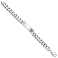 Sterling Silver Rhodium-plated Curb Link Off-Center Red Enamel 40x 11mm Plate Medical ID Bracelet, 8" view 2