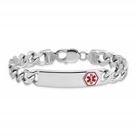 Sterling Silver Rhodium-plated Curb Link Off-Center Red Enamel 40x 11mm Plate Medical ID Bracelet, 8" view 3