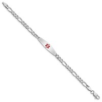 Sterling Silver Rhodium-plated Figaro Link Centered Red Enamel 30x 7mm Plate Medical ID Bracelet, 7" view 2