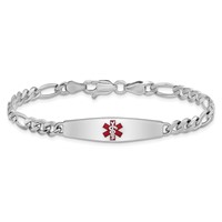 Sterling Silver Rhodium-plated Figaro Link Centered Red Enamel 30x 7mm Plate Medical ID Bracelet, 7" view 3