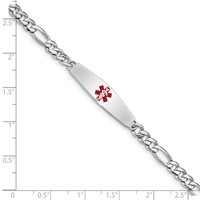 Sterling Silver Rhodium-plated Figaro Link Centered Red Enamel 30x 7mm Plate Medical ID Bracelet, 7" view 4