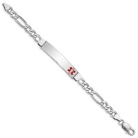 Sterling Silver Rhodium-plated Figaro Link Off-Center Red Enamel 43x 9mm Plate Medical ID Bracelet, 7" view 2