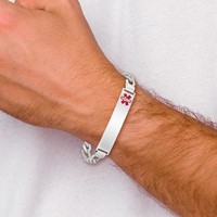 Sterling Silver Rhodium-plated Figaro Link Off-Center Red Enamel 43x 9mm Plate Medical ID Bracelet, 7" view 5