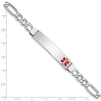 Sterling Silver Rhodium-plated Figaro Link Off-Center Red Enamel 43x 9mm Plate Medical ID Bracelet, 7" view 4