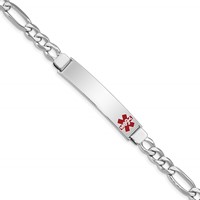 Sterling Silver Rhodium-plated Figaro Link Off-Center Red Enamel 43x 9mm Plate Medical ID Bracelet, 7" view 1