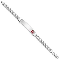 Sterling Silver Rhodium-plated Curb Link Off-Center Red Enamel 43x 9mm Plate Medical ID Bracelet, 7" view 2