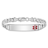 Sterling Silver Rhodium-plated Curb Link Off-Center Red Enamel 43x 9mm Plate Medical ID Bracelet, 7" view 3