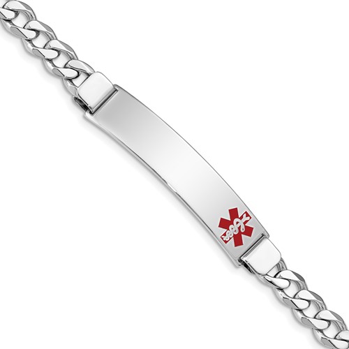 Sterling Silver Rhodium-plated Curb Link Off-Center Red Enamel 43x 9mm Plate Medical ID Bracelet, 7"