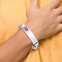 Sterling Silver Rhodium-plated Curb Link Off-Center Red Enamel 45x 12mm Plate Medical ID Bracelet, 7" view 5
