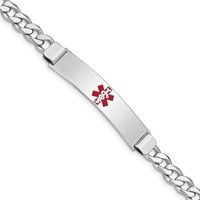 Sterling Silver Rhodium-plated Curb Link Centered Red Enamel 43x 9mm Plate Medical ID Bracelet, 7" view 1