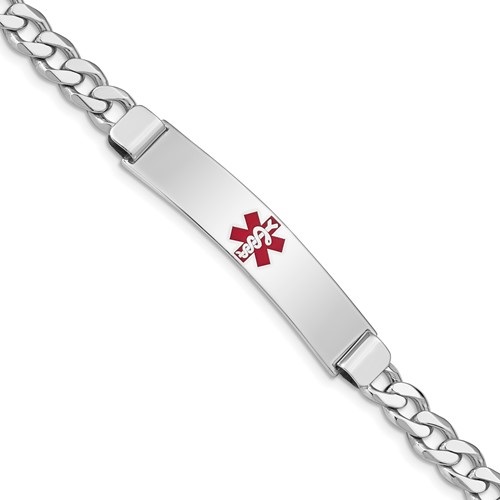 Sterling Silver Rhodium-plated Curb Link Centered Red Enamel 43x 9mm Plate Medical ID Bracelet, 7"