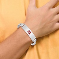 Sterling Silver Rhodium-plated Curb Link Centered Red Enamel 45x 12mm Plate Medical ID Bracelet, 7" view 5