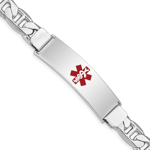 Sterling Silver Rhodium-plated Anchor Link Centered Red Enamel 45x 12mm Plate Medical ID Bracelet, 7"
