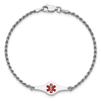 Sterling Silver Rhodium-plated Rope Link Centered Red Enamel 24x 8mm Plate Medical ID Bracelet, 7" view 4