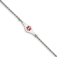 Sterling Silver Rhodium-plated Rope Link Centered Red Enamel 24x 8mm Plate Medical ID Bracelet, 7" view 1