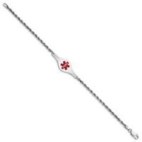 Sterling Silver Rhodium-plated Rope Link Centered Red Enamel 34x 12mm Plate Medical ID Bracelet, 7" view 2
