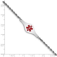 Sterling Silver Rhodium-plated Rope Link Centered Red Enamel 34x 12mm Plate Medical ID Bracelet, 7" view 3