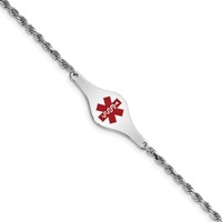 Sterling Silver Rhodium-plated Rope Link Centered Red Enamel 34x 12mm Plate Medical ID Bracelet, 7" view 1