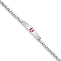 Sterling Silver Rhodium-plated Curb Link Centered Red Enamel 29x 6mm Plate Medical ID Bracelet, 7" view 1