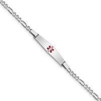 Sterling Silver Rhodium-plated Figaro Link Centered Red Enamel 29x 6mm Plate Medical ID Bracelet, 7" view 1