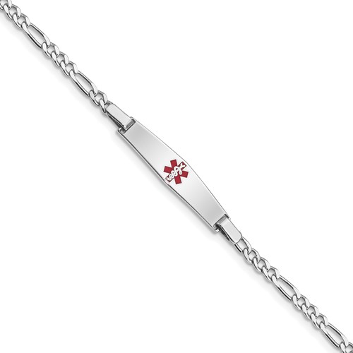 Sterling Silver Rhodium-plated Figaro Link Centered Red Enamel 29x 6mm Plate Medical ID Bracelet, 7"