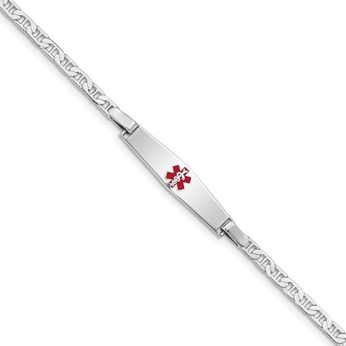 Sterling Silver Rhodium-plated Anchor Link Centered Red Enamel 29x 6mm Plate Medical ID Bracelet, 7"