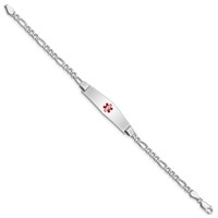 Sterling Silver Rhodium-plated Figaro Link Centered Red Enamel 37x 9mm Plate Medical ID Bracelet, 7" view 2