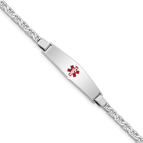 Sterling Silver Rhodium-plated Anchor Link Centered Red Enamel 37x 9mm Plate Medical ID Bracelet, 7"