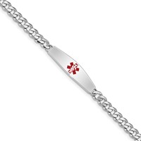 Sterling Silver Rhodium-plated Curb Link Centered Red Enamel 30x 7mm Plate Medical ID Bracelet, 7" view 1