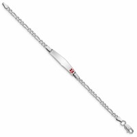 Sterling Silver Rhodium-plated Figaro Link Off-Center Red Enamel 28x 6mm Plate Medical ID Bracelet, 6" view 2