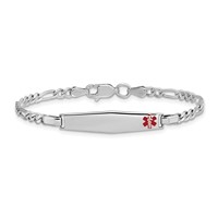 Sterling Silver Rhodium-plated Figaro Link Off-Center Red Enamel 28x 6mm Plate Medical ID Bracelet, 6" view 3