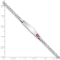 Sterling Silver Rhodium-plated Figaro Link Off-Center Red Enamel 28x 6mm Plate Medical ID Bracelet, 6" view 4