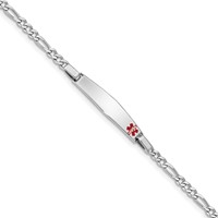 Sterling Silver Rhodium-plated Figaro Link Off-Center Red Enamel 28x 6mm Plate Medical ID Bracelet, 6" view 1