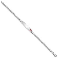 Sterling Silver Rhodium-plated Curb Link Off-Center Red Enamel 28x 6mm Plate Medical ID Bracelet, 6" view 2