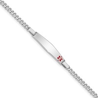Sterling Silver Rhodium-plated Curb Link Off-Center Red Enamel 28x 6mm Plate Medical ID Bracelet, 6" view 1