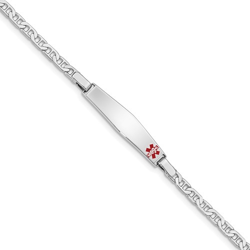 Sterling Silver Rhodium-plated Anchor Link Off-Center Red Enamel 28x 6mm Plate Medical ID Bracelet, 6"