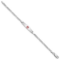 Sterling Silver Rhodium-plated Figaro Link Centered Red Enamel 28x 6mm Plate Medical ID Bracelet, 6" view 2