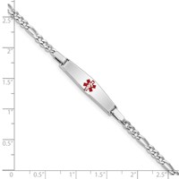 Sterling Silver Rhodium-plated Figaro Link Centered Red Enamel 28x 6mm Plate Medical ID Bracelet, 6" view 4